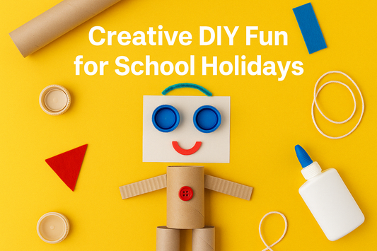 An image of a character created from items from around the house, with some glue and string, on a yellow background with the words 'Creative DIY fun for school holidays'.