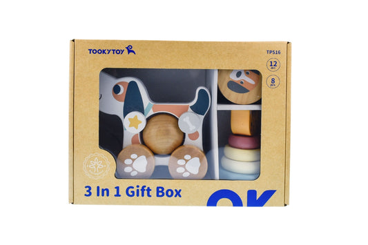 3-in1 Wooden Baby Rattle Gift Set - Cat and Puppy Dog