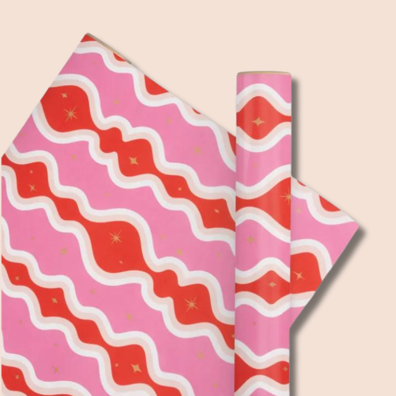 Christmas Gift Wrap | Retro Swirl Pink & Poppy Red (10 metres)