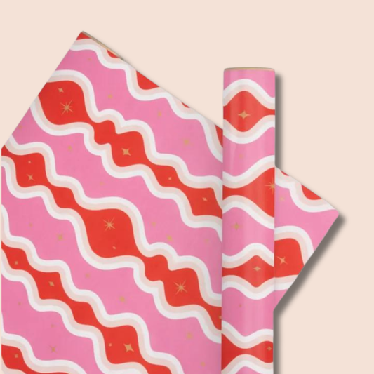 Christmas Gift Wrap | Retro Swirl Bright Pink & Poppy Red (10 metres)