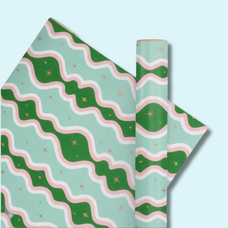 Christmas Gift Wrap | Retro Swirl Mint & Emerald (10 metres)