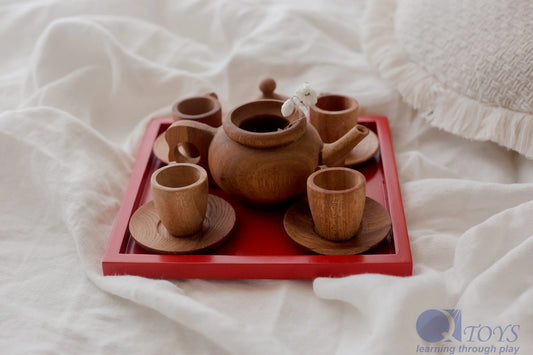 QToys Japanese Wooden Tea Set – 8-Piece Pretend Play Set