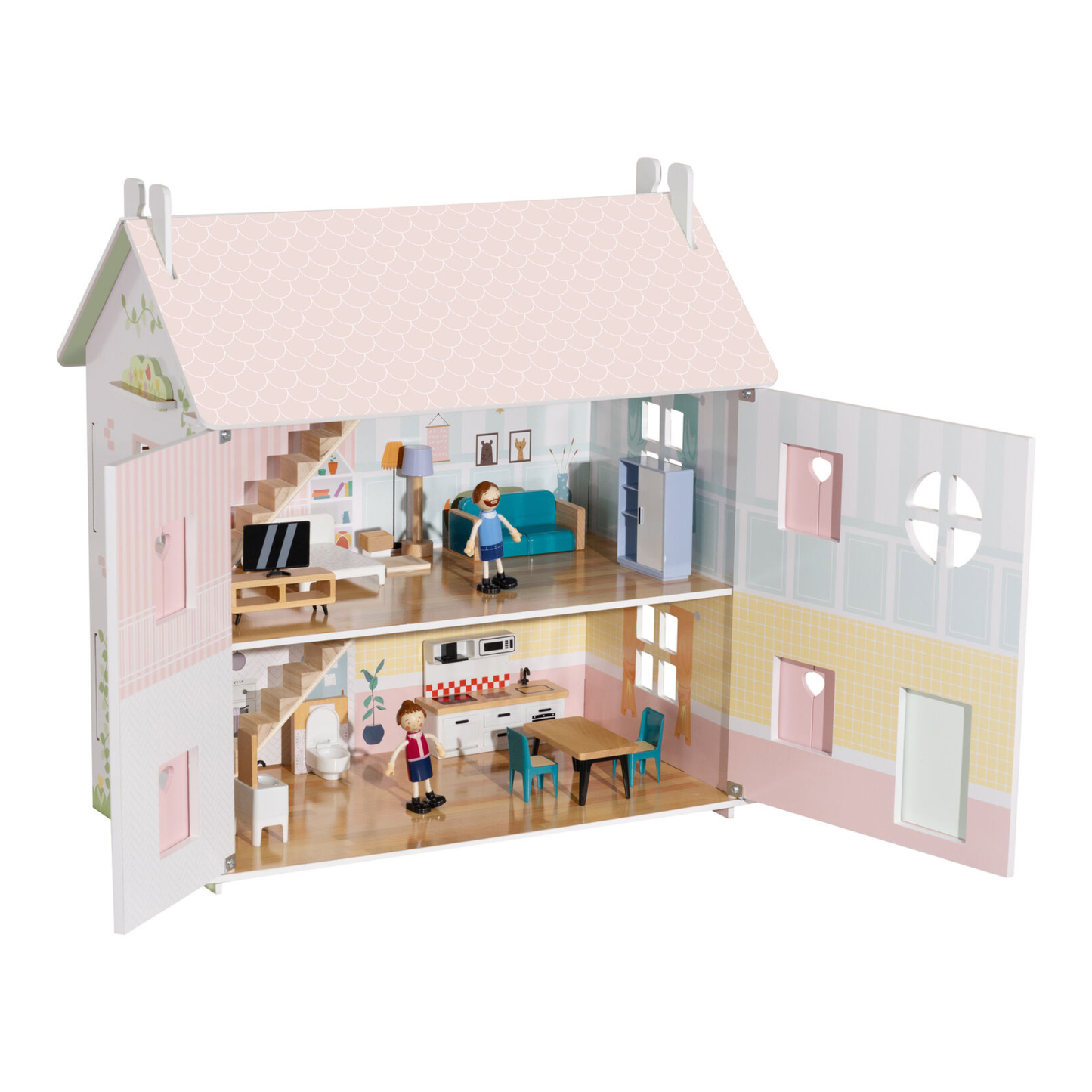 Wooden Doll House with Dolls and Furniture