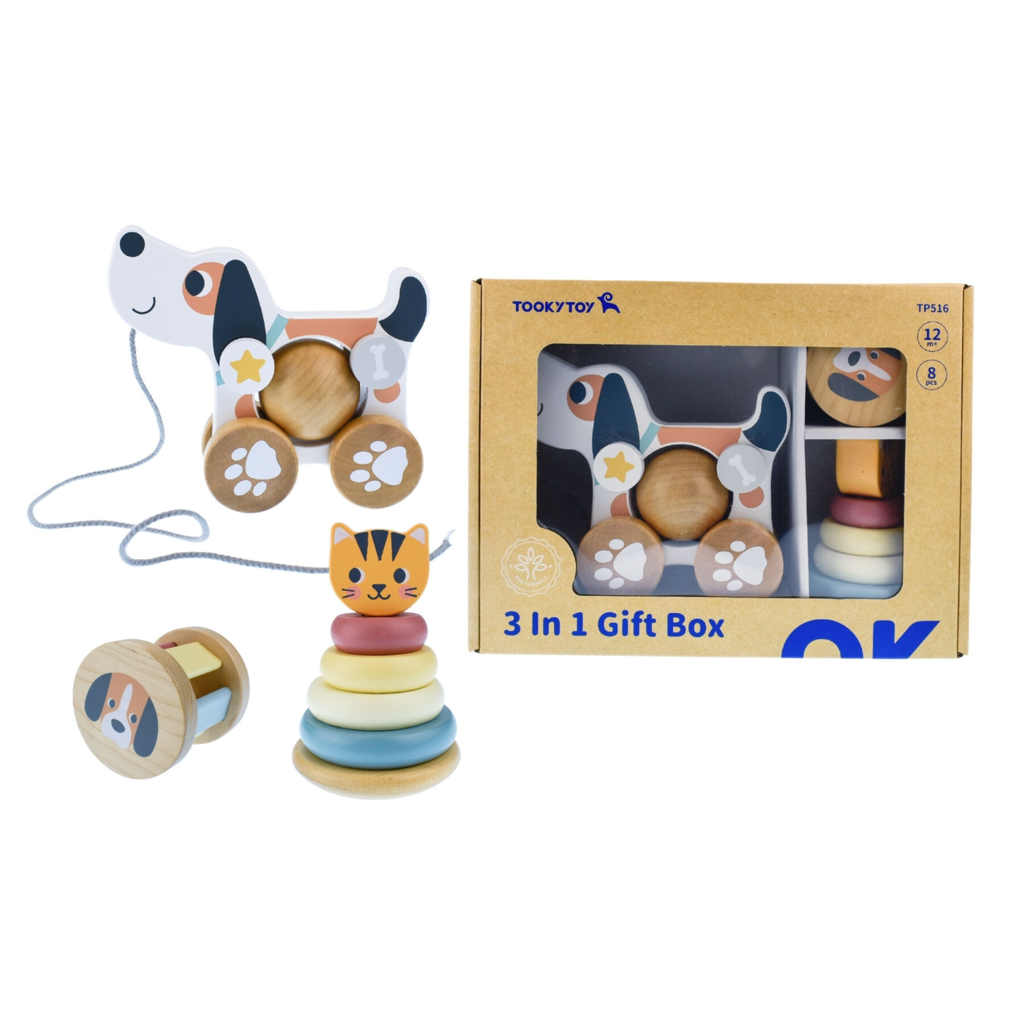 3-in1 Wooden Baby Rattle Gift Set - Cat and Puppy Dog