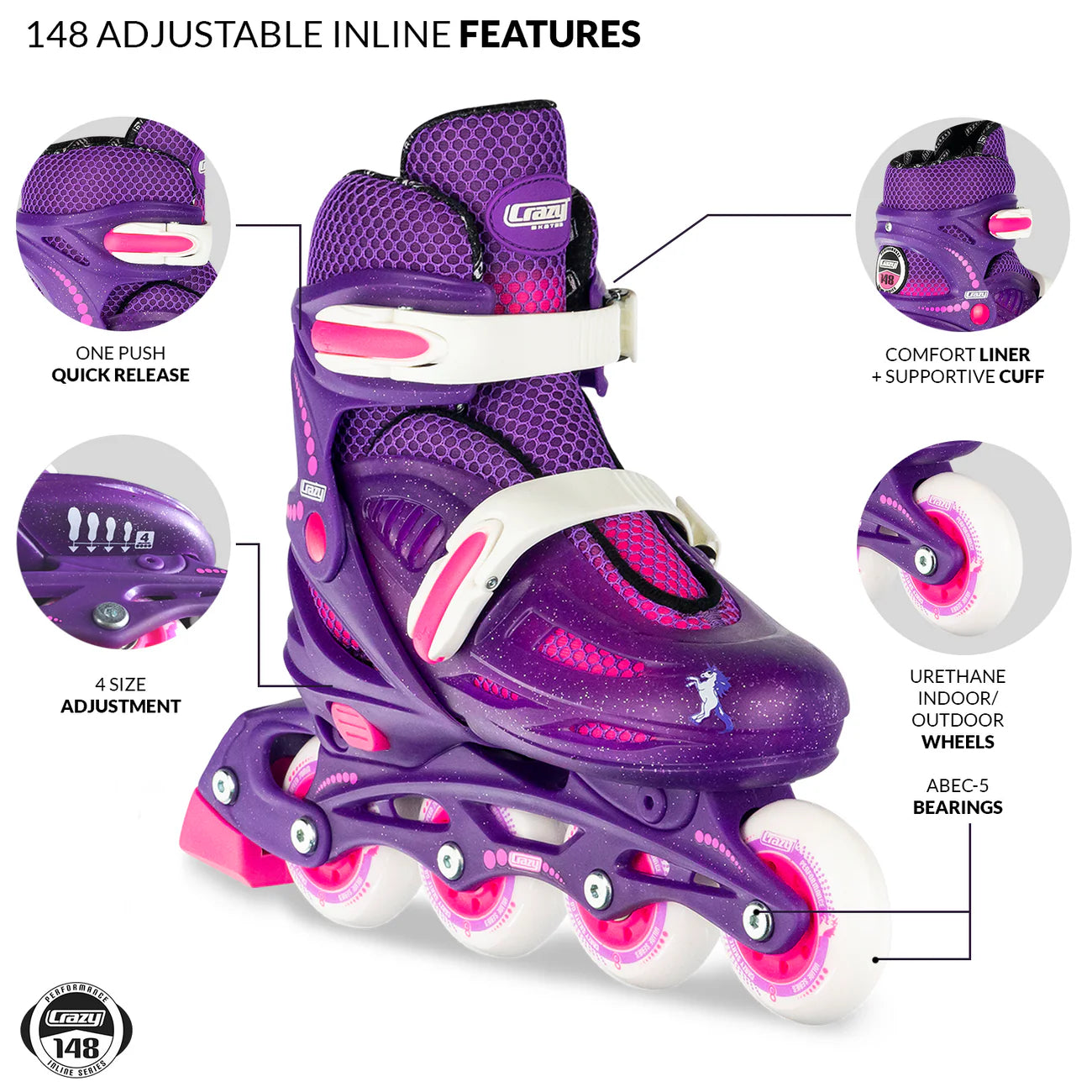Crazy Skates 148 Inline Skates (Black & Purple Glitter)