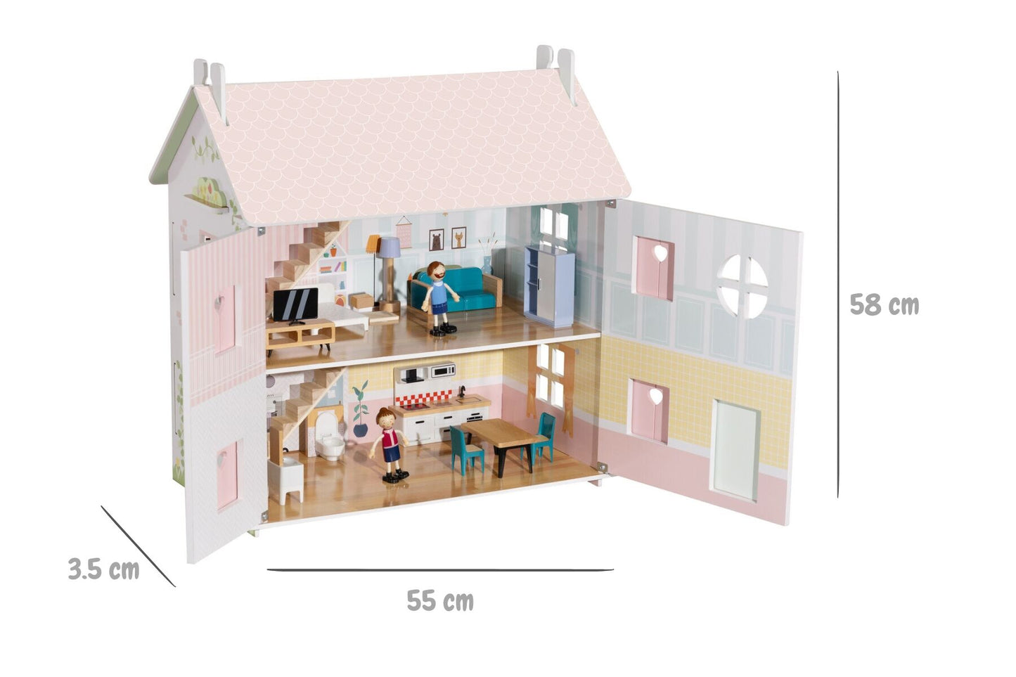 Wooden Doll House with Dolls and Furniture