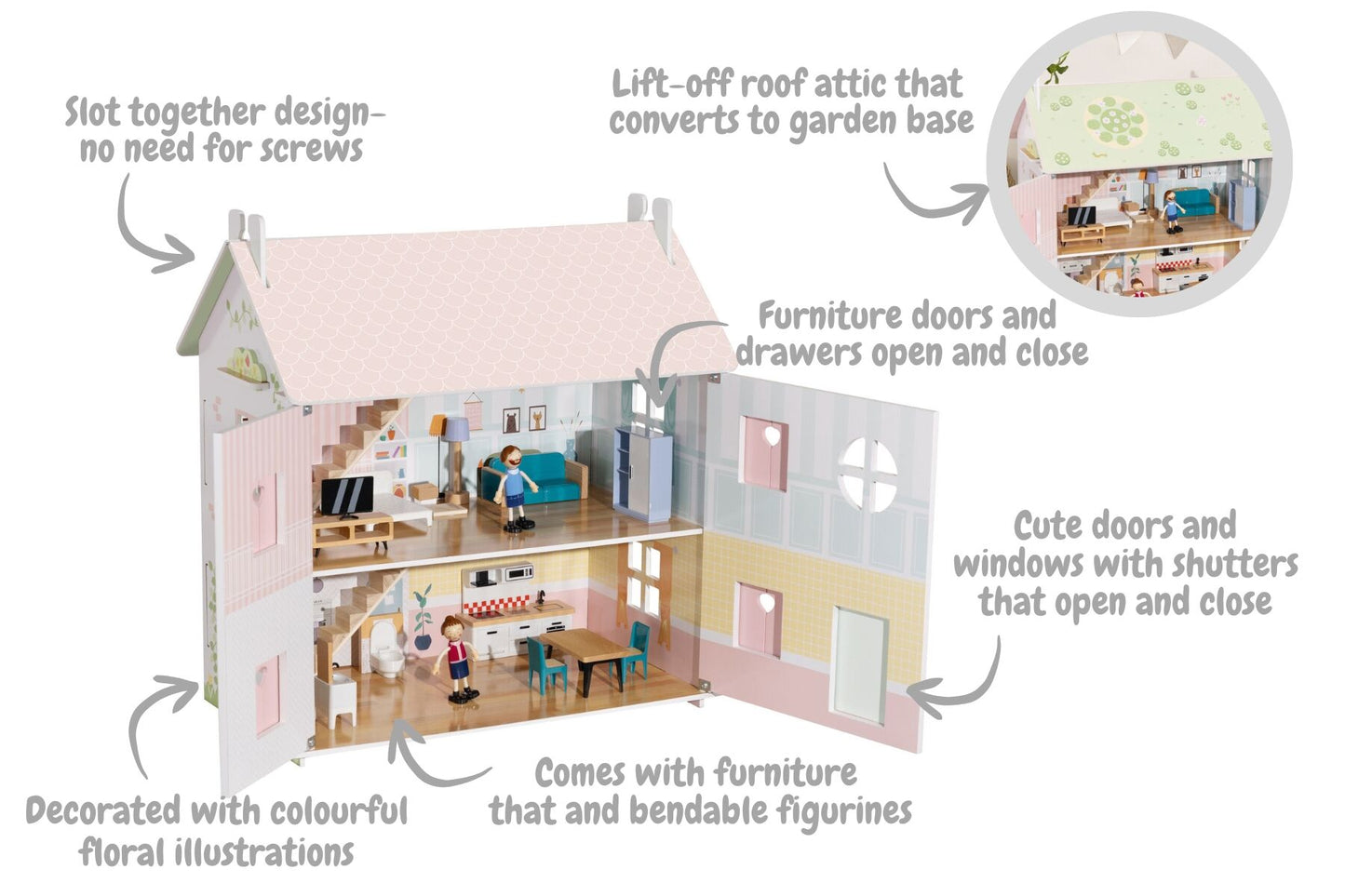 Wooden Doll House with Dolls and Furniture