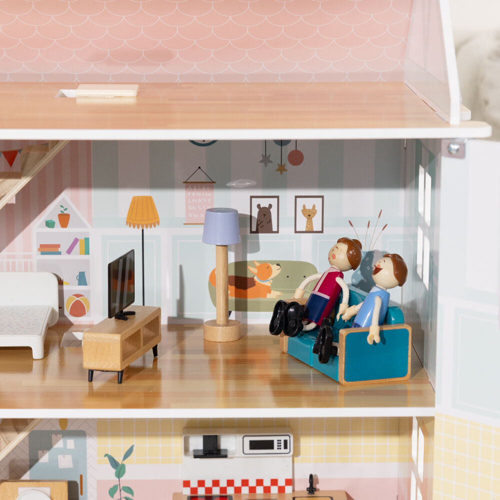 Wooden Doll House with Dolls and Furniture