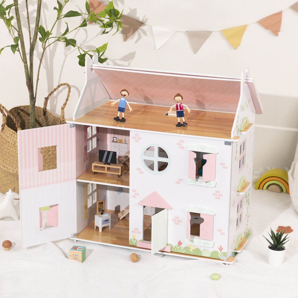 Wooden Doll House with Dolls and Furniture