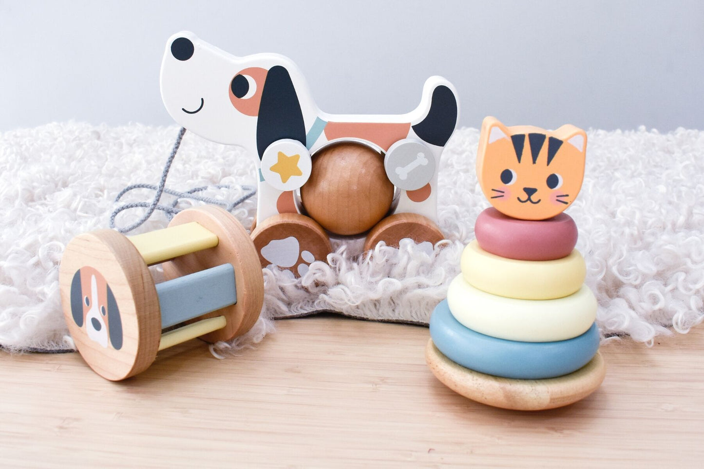 3-in1 Wooden Baby Rattle Gift Set - Cat and Puppy Dog