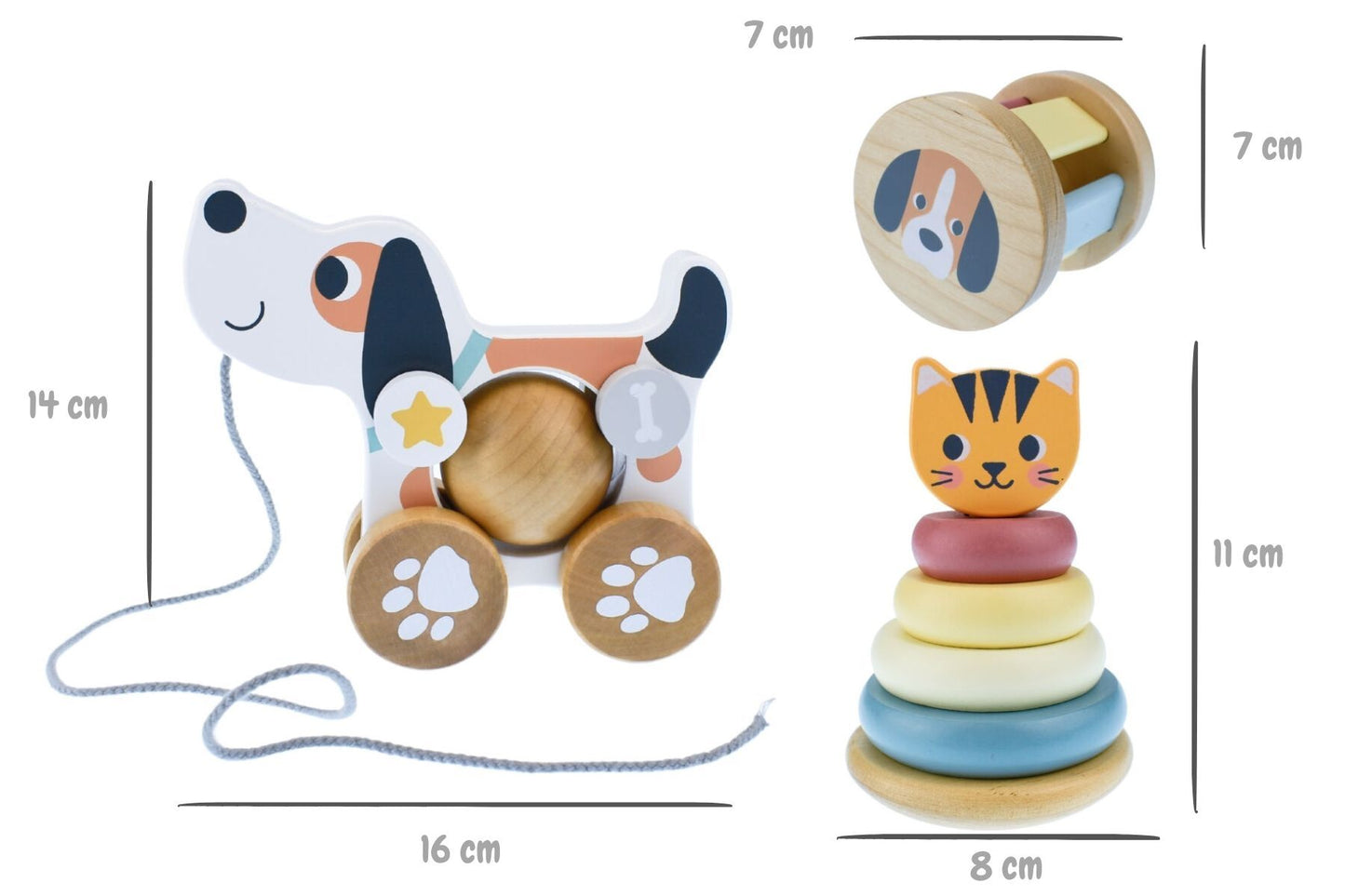 3-in1 Wooden Baby Rattle Gift Set - Cat and Puppy Dog