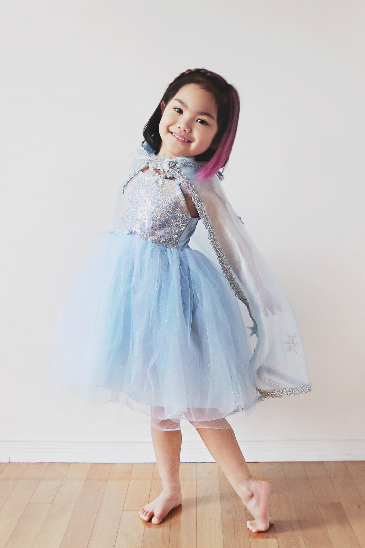Great Pretenders Snow Queen Cape – Blue, Size 5–6. Dress, tiara, footwear and other accessories shown are not included.